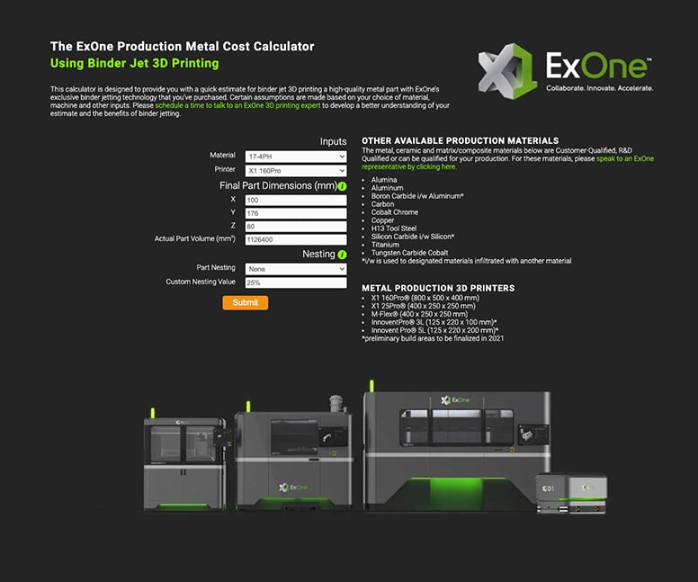 ExOne Launches Online Calculator for Manufacturers to Quickly Compare the Cost of Metal 3D Printing