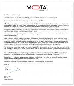 Full letter to backers - click to enlarge