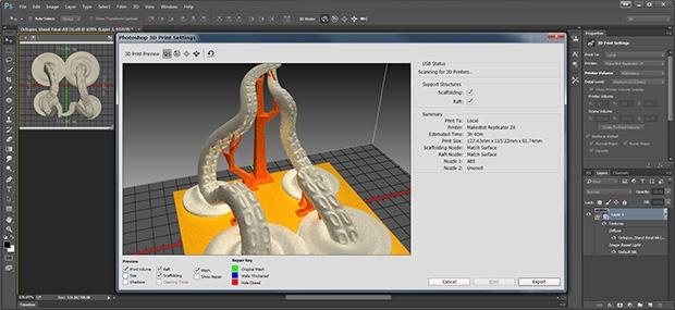 Photoshop CC analyses your 3D model and adds the minimum amount of removable support material required for the build. Unfortunately, only seven 3D printer brands are currently supported. Source: ZDNet
