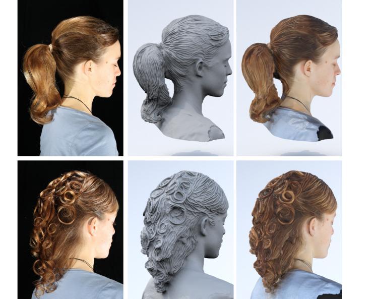 One women, two defining hair styles.  (Left to right) Photo, 3D model, 3D Print 