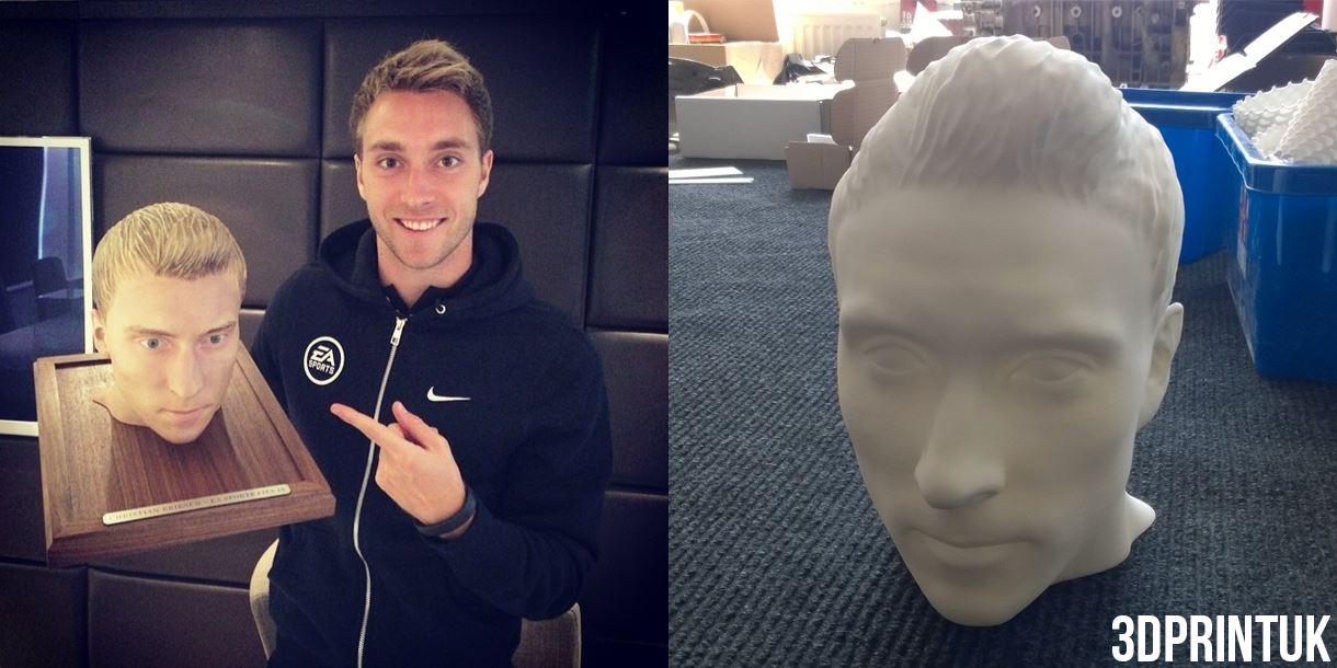 Tottenham Hotspur player Christian Eriksen with his painted 3D printed head (left) and unpainted (right).