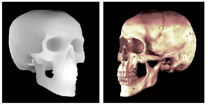 Left shows the 3-dimensional rendering of the plastic skull in gray-level phase-values.  Right shows another skull perspective with the magnitude of the fringes superimposed. (image source: https://arxiv.org/)