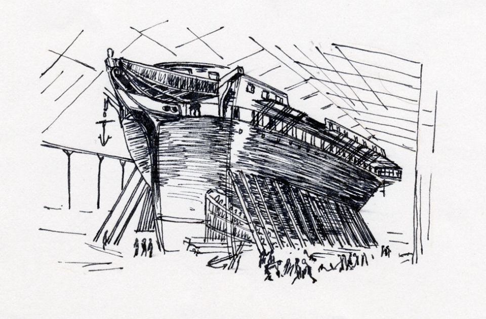 The HMS Unicorn under construction in Chatham, Kent.