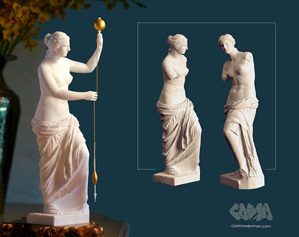 3D print of Venus de Milo Spinning Thread, left, and computer renderings of original 3D scan of Venus, missing her arms.