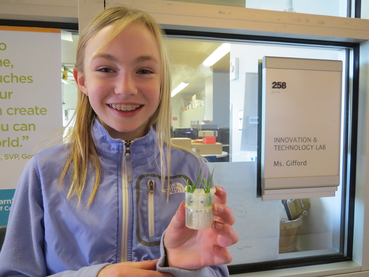 Students Sydney Vernon with her 3D printed challenge entry. Photo by Adrienne Gifford.