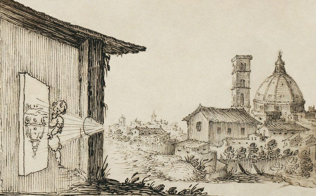Camera Obscure, from a manuscript of military designs, Illustration of camera obscura from "Sketchbook on military art, including geometry, fortifications, artillery, mechanics, and pyrotechnics," possibly Italian, c. Library of Congress.