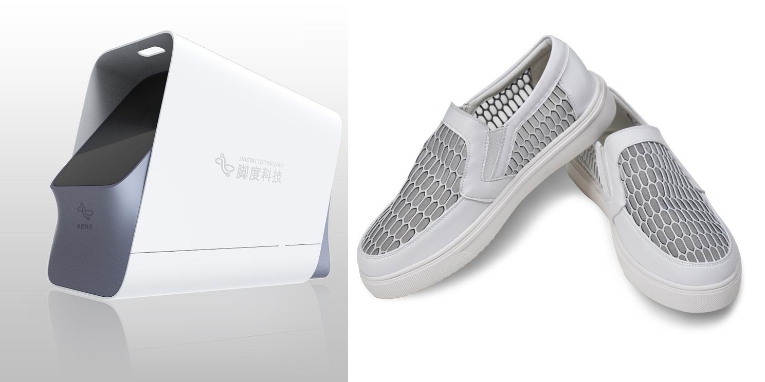 The 3D foot scanner and a pair of partially 3D printed shoes from Jiaodu Technology