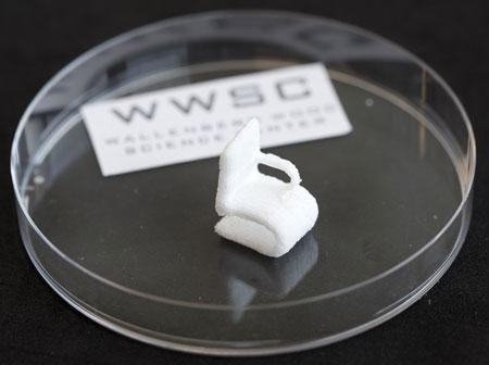 Small chair 3D printed in cellulose on a 3D bioprinter.  (image source: Peter Widing)