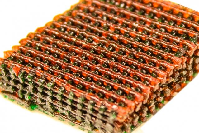 The open lattice of 3D printed material, with materials having different characteristics of strength and flexibility indicated by different colors.