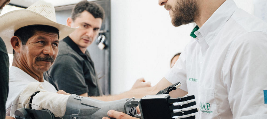 Nick Dechev and Patrick Mathay (Range of Motion Project) fit a prototype device to a phase one trial participant in Guatemala. These trials were made possible through a grant from Grand Challenges Canada.