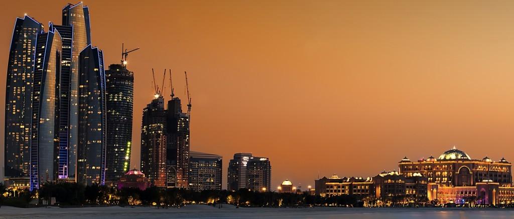 The Abu Dhabi skyline at night.