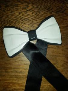 3D Printed Bow Tie presented as a gift to Alan Davies, created from 100% recycled ABS (Black plastic from the automotive industry) and 100% recycled HIPS (white plastic from the home electronics industry)