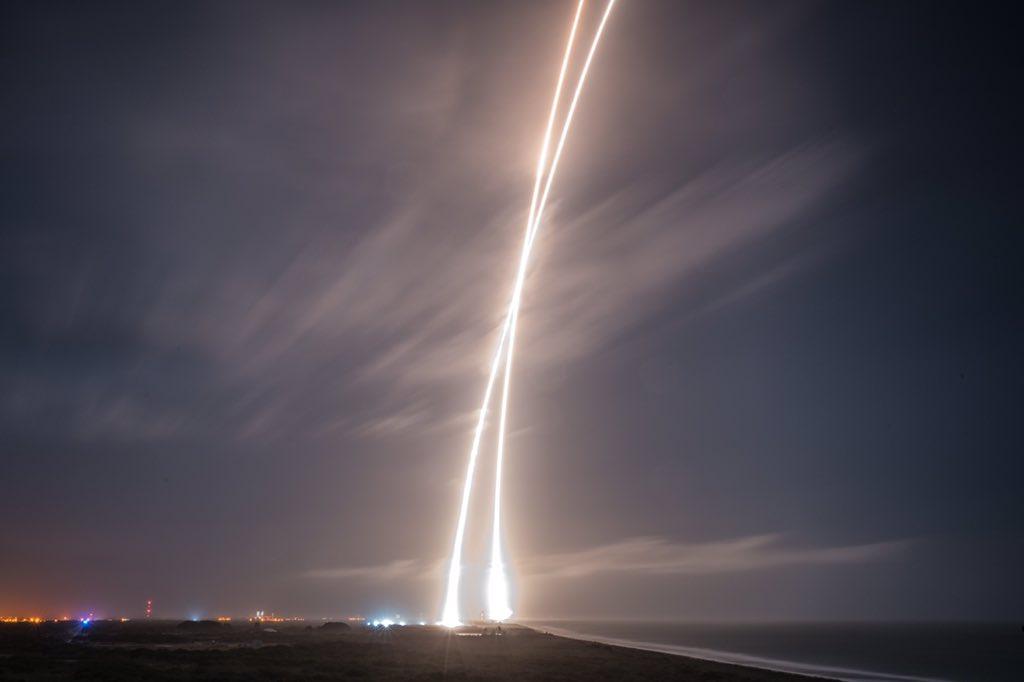 Time lapse photo of both the successful launch and the successful landing of the Falcon 9 rocket.