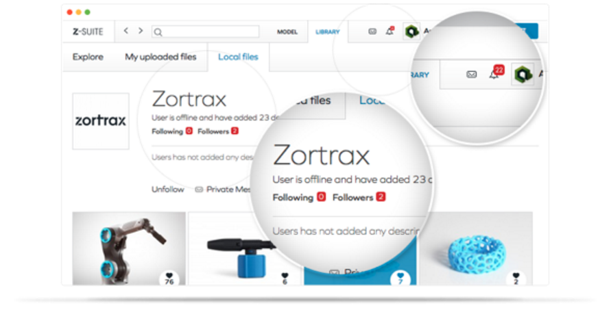 New Zortrax Model Library notification and communication functions. 