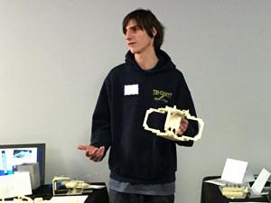Stratasys Extreme Redesign winner in Secondary Education Engineering, Thomas Vagnini of Tri-County Regional Vocational Technical High School (Franklin, MA), presents the HUNCH 2015 Zero Gravity Scale at AET Labs semi-finals competition last year.
