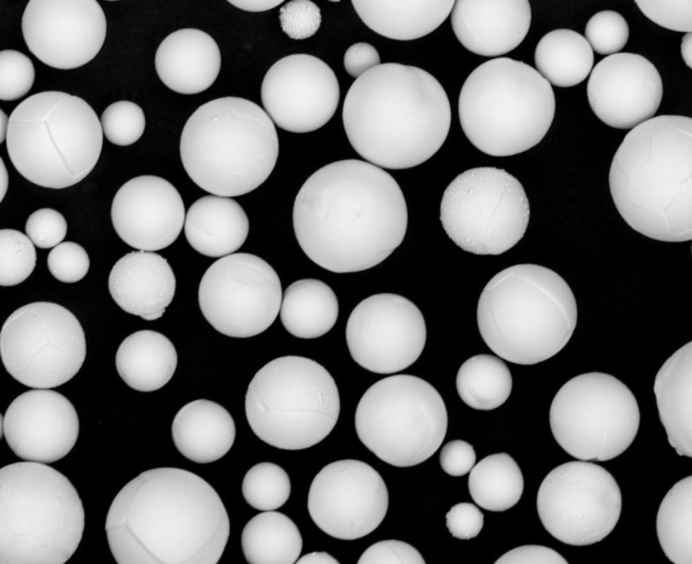 Microview of spherical metal powder particles. 