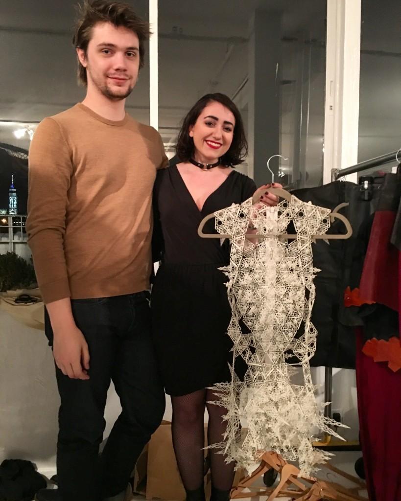 Ross Leonardy and Alexis Walsh with their Spire Dress backstage at the Oxford Fashion Studio's New Collections runway show at New York Fashion Week.