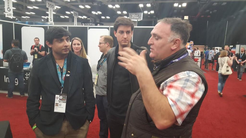 BeeHex CMO Jordan French with CEO Anjan Contractor and celebrity Chef Jose Andres discussing 3D food printing