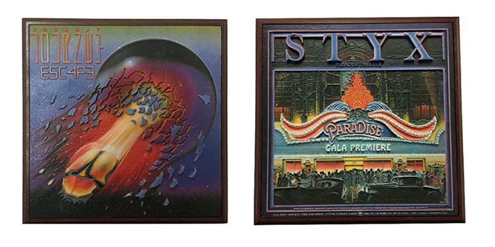 3D printed recreations of Journey and Styx album covers.