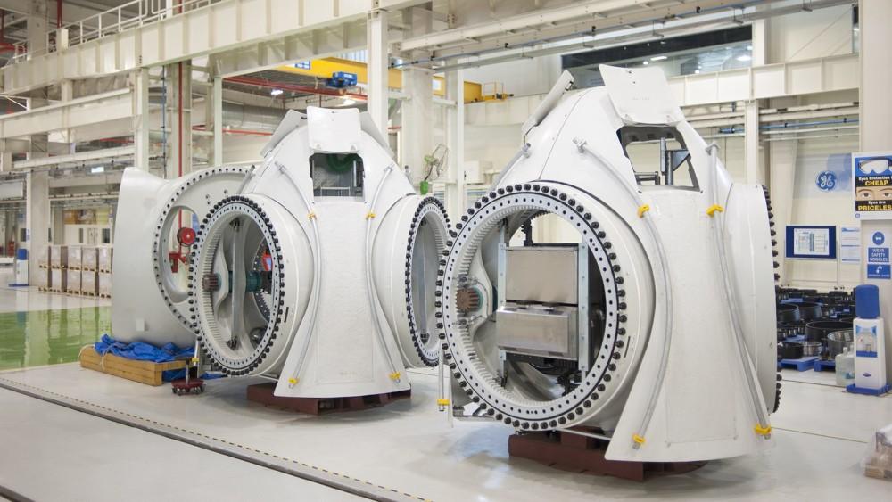 Wind turbine housings fabricated at the GE plant in Chakan, India.