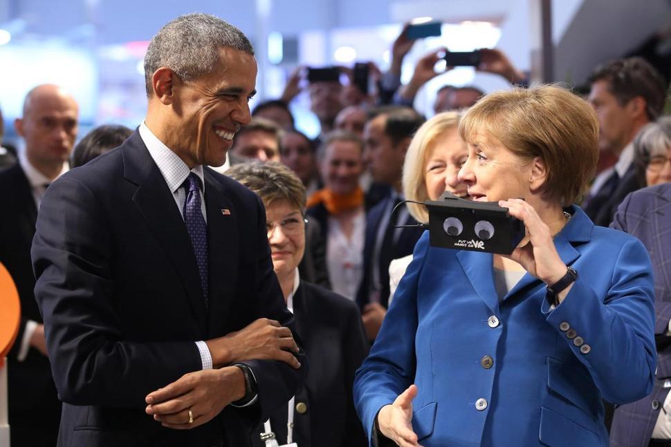 Obama and Merkel try out new VR technology at Hannover Messe 2016.