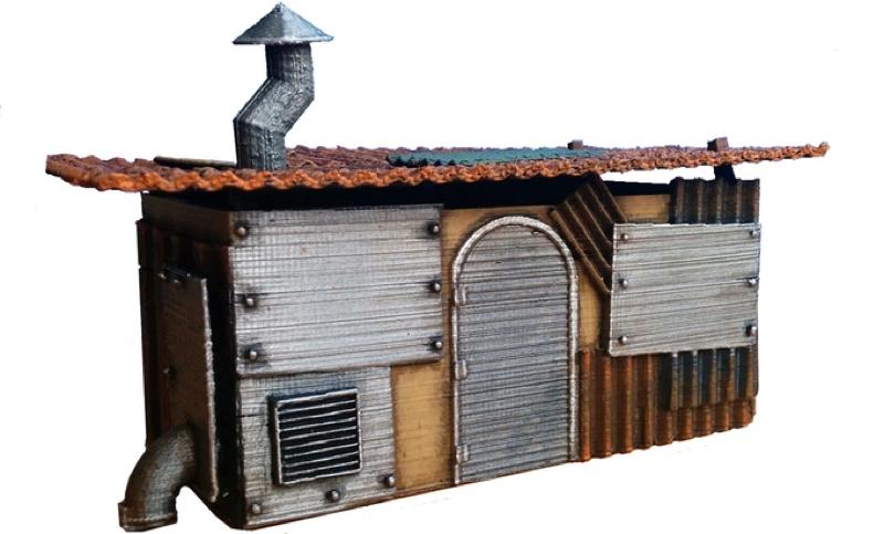 A fully painted, 3D printed shack from the Thunder Chrome scenery set. 