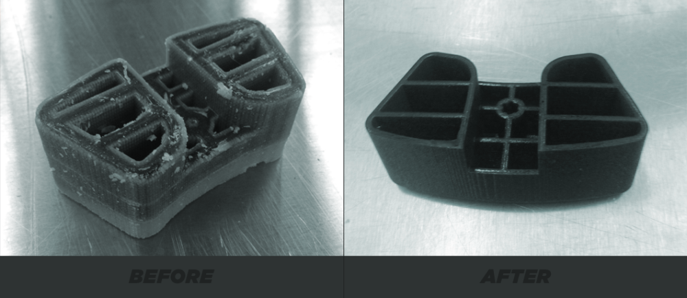 3D printed component before and after being post-processed. 