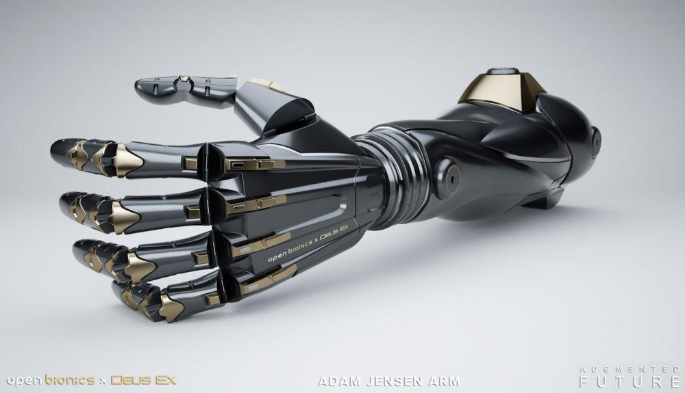 The Adam Jensen arm has gold details and a metallic gray finish, just like in the Mankind Divided video game. 