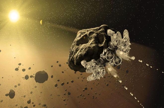 Artist's illustration of an asteroid that has been turned into spacecraft