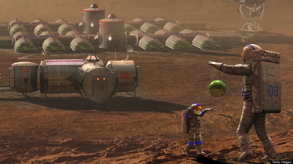 Future Mars colonists playing with children on Mars, a place they call home.