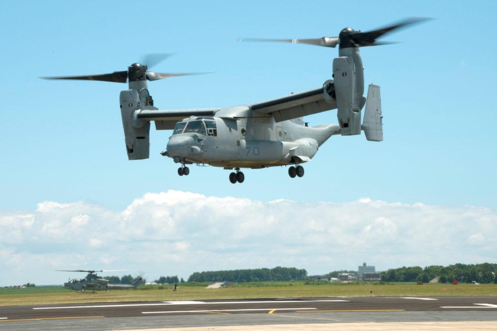 160729-N-JM744-117 PATUXENT RIVER NAVAL AIR STATION, Md. (July 29, 2016) An MV-22B Osprey equipped with a 3-D printed titanium link and fitting inside an engine nacelle maintains a hover during a July 29 demonstration at Patuxent River Naval Air Station, Md. The flight marked Naval Air System Command’s first successful flight demonstration of a flight critical aircraft component built using additive manufacturing techniques. (U.S. Navy photo/Released)
