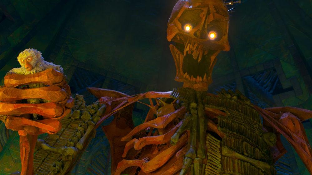 The large skeleton was made at a scale that allowed it to interact with the standard-sized stop motion puppets. 