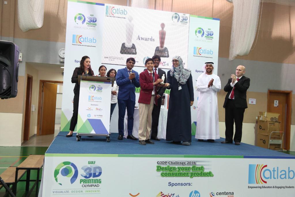 Rishabh Java of GEMS Millennium School - Sharjah collects the trophy for the ‘Best Innovative Project’ of the year at the first Gulf 3D Printing Olympiad organised by ATLAB