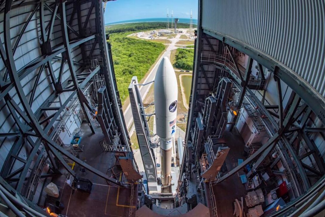 An Atlas V rolls to the launch pad at Cape Canaveral. 