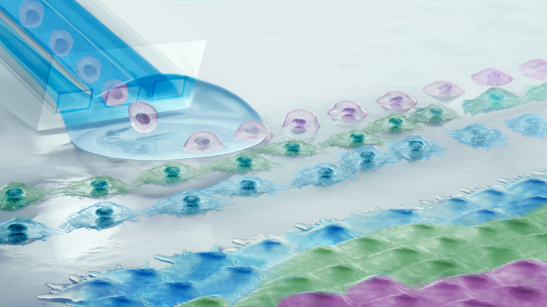 Illustration of how the Biopixlar printhead prints cells.