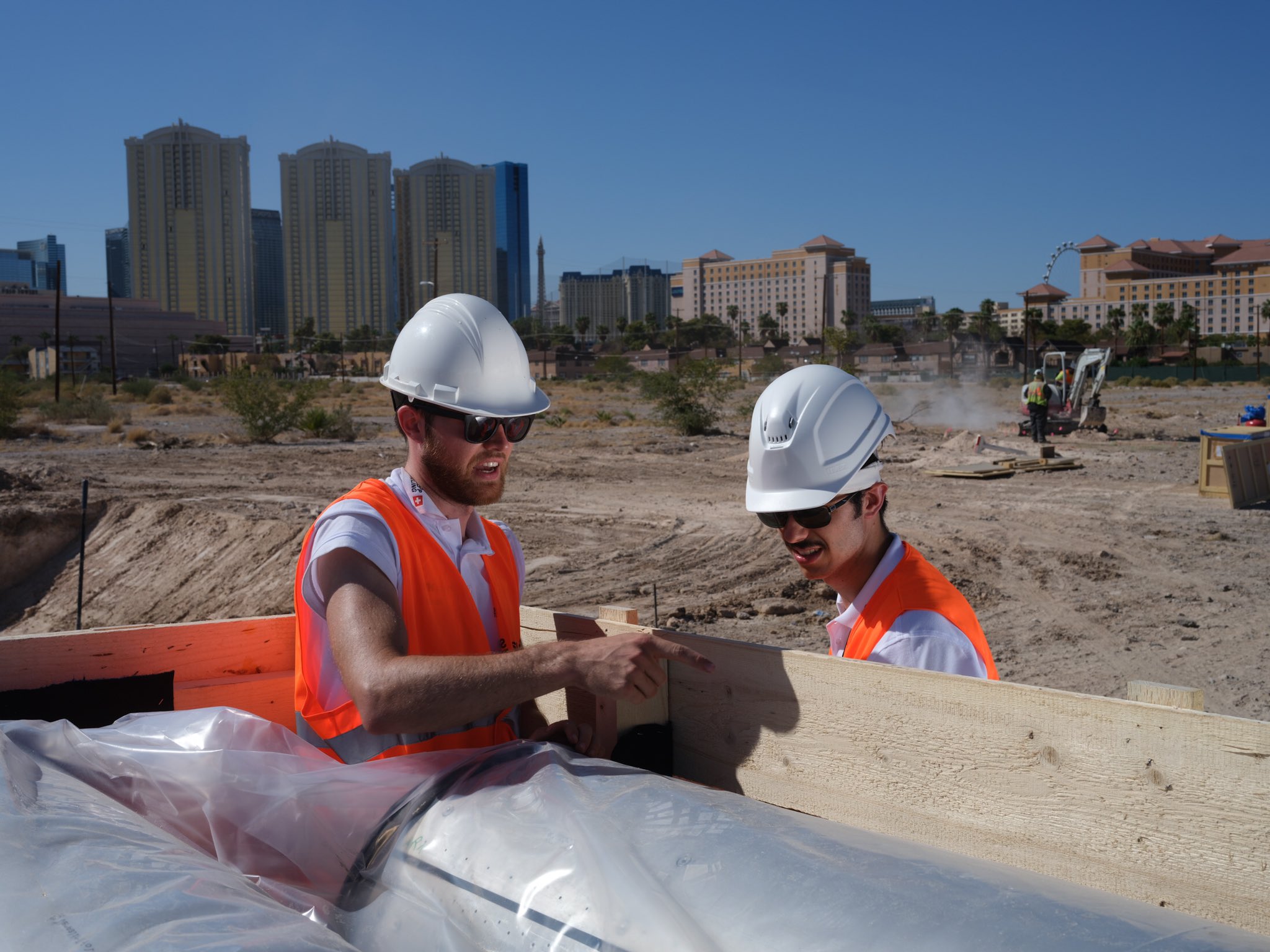 The Swissloop Tunneling team working at the competition site in Las Vegas to prepare the Groundhog Alpha machine.