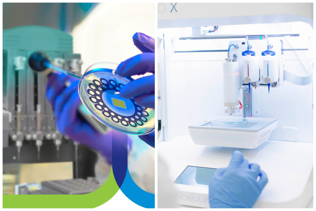 Organovo's bioprinting technology (left) and Cellink's bioprinting technology (right).