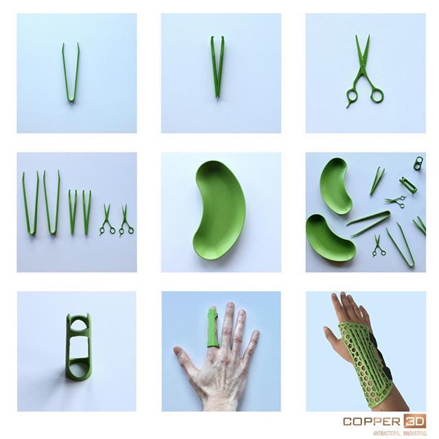 Voorbeelden van antimicrobiële medische hulpmiddelen die 3D zijn geprint met Copper3D-materialen