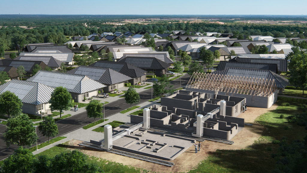 Rendering of ICON's 3D printed 100-home community in Austin, Texas.