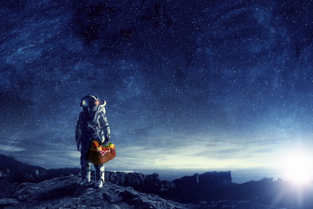 Rendering of an astronaut holding a picnic basket with fruits in space.