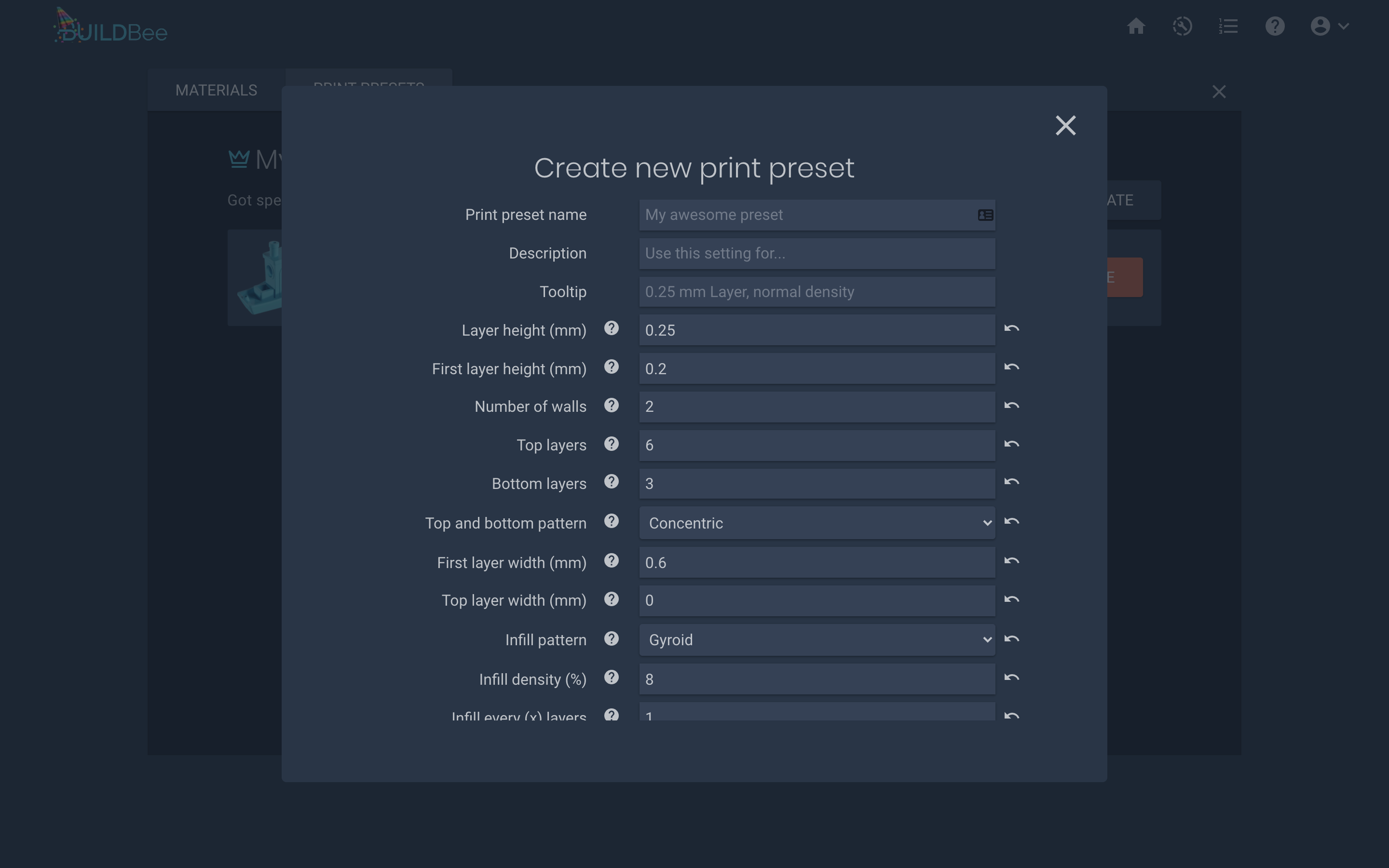 BuildBee’s printing presets allow users to set up and their preferences