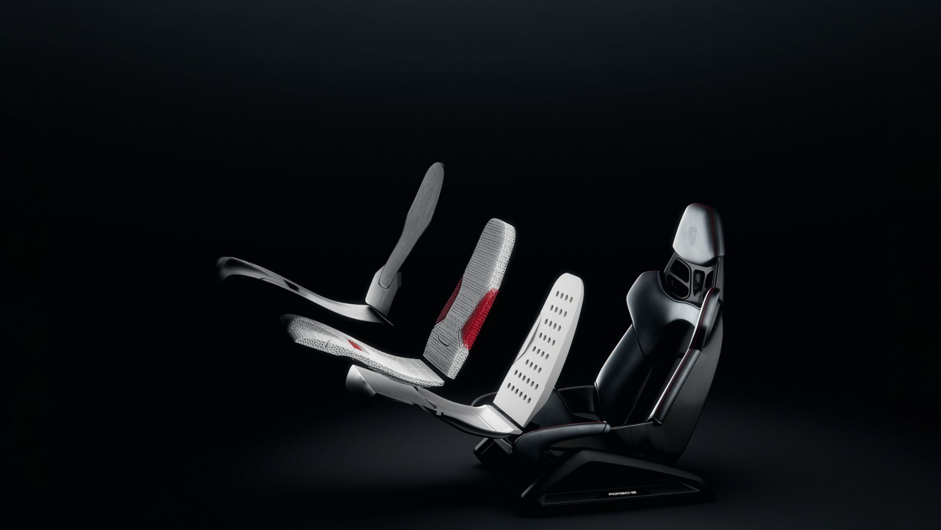 The Porsche 3D printed bodyform bucket seat is shown in its four main components.