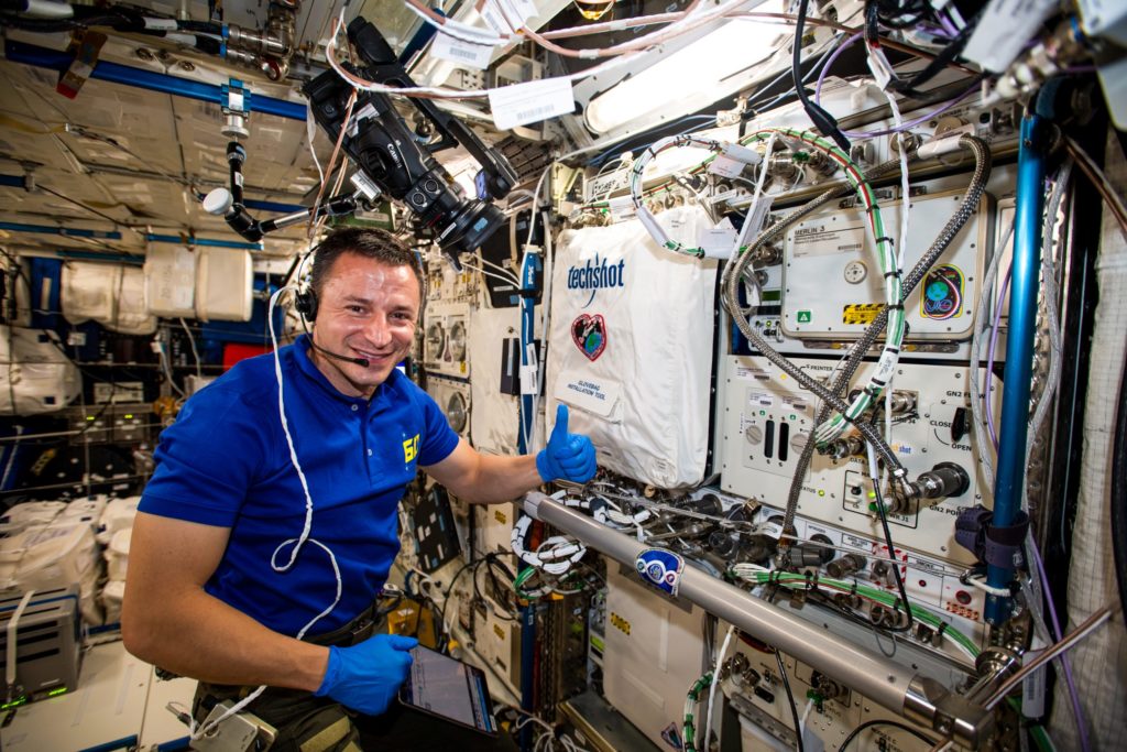 Astronaut Drew Morgan with the 3D BioFabrication Facility aboard the ISS