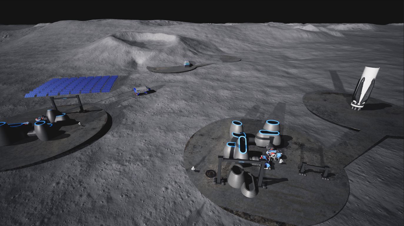 Aerial rendering of Luyten's 3D printer on the Moon base camp 