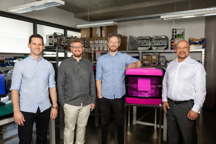 Inventia founders with Rastrum bioprinter. From left to right: Cameron Ferris, Bob Groneman, Aidan O'Mahony and Julio Ribeiro.