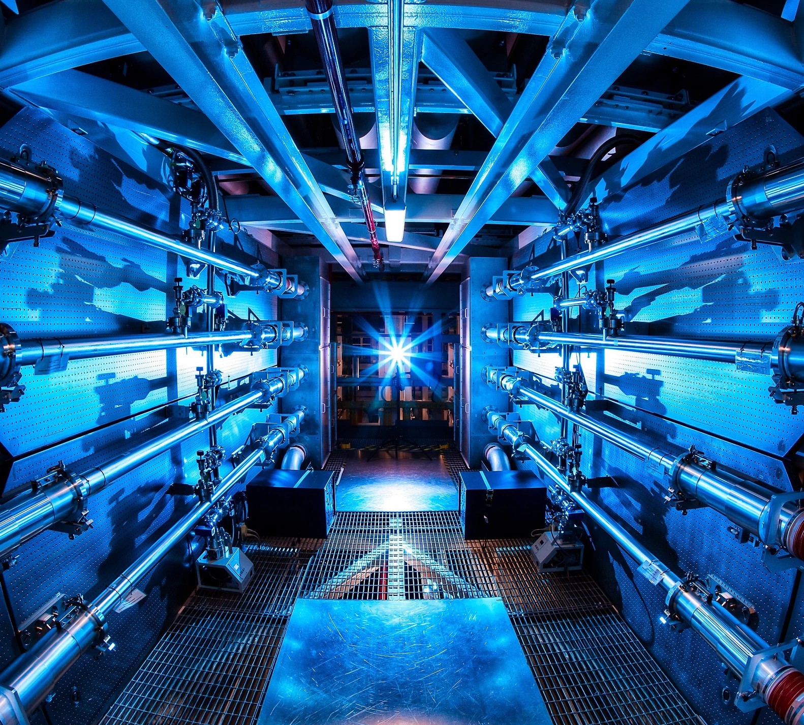 A view of a small part of the laser system at Lawrence Livermore National Laboratory.