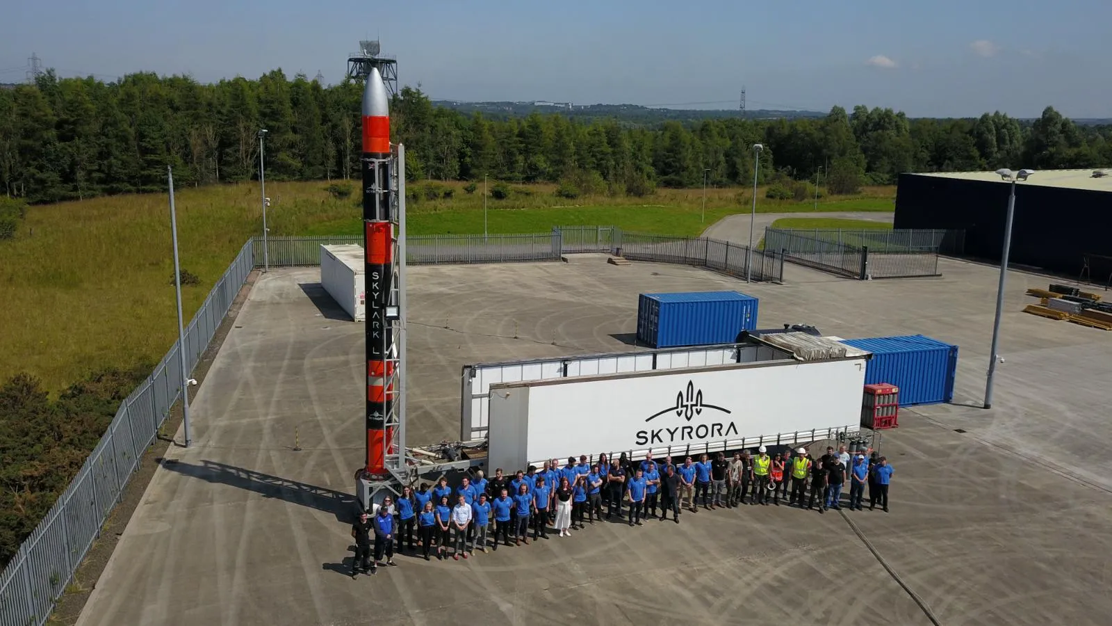 The Skyrora team next to its Skylark L rocket vehicle prototype.