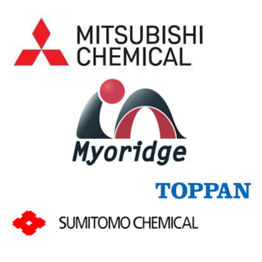 Logos for Myoridge, Mitsubishi Chemical, Sumitomo Chemical and Toppan.