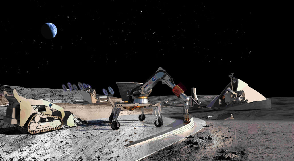 Rendering of a 3D printing technology for planetary construction designed by Contour Crafting