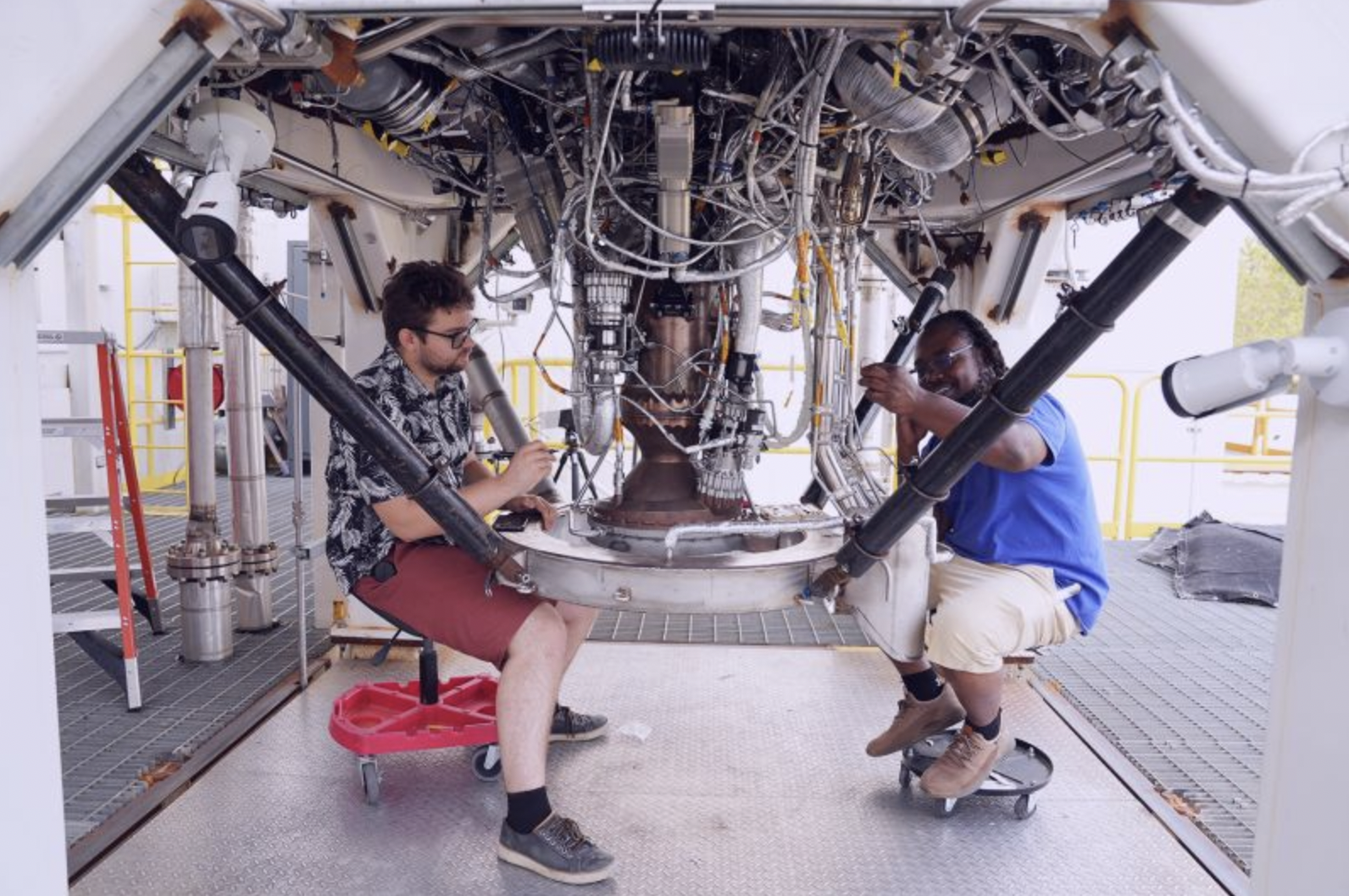 Behind-the-scenes photos of Relativity Space's world-class team at NASA Stennis Space Center working on the 3D printed Aeon Vac engine.